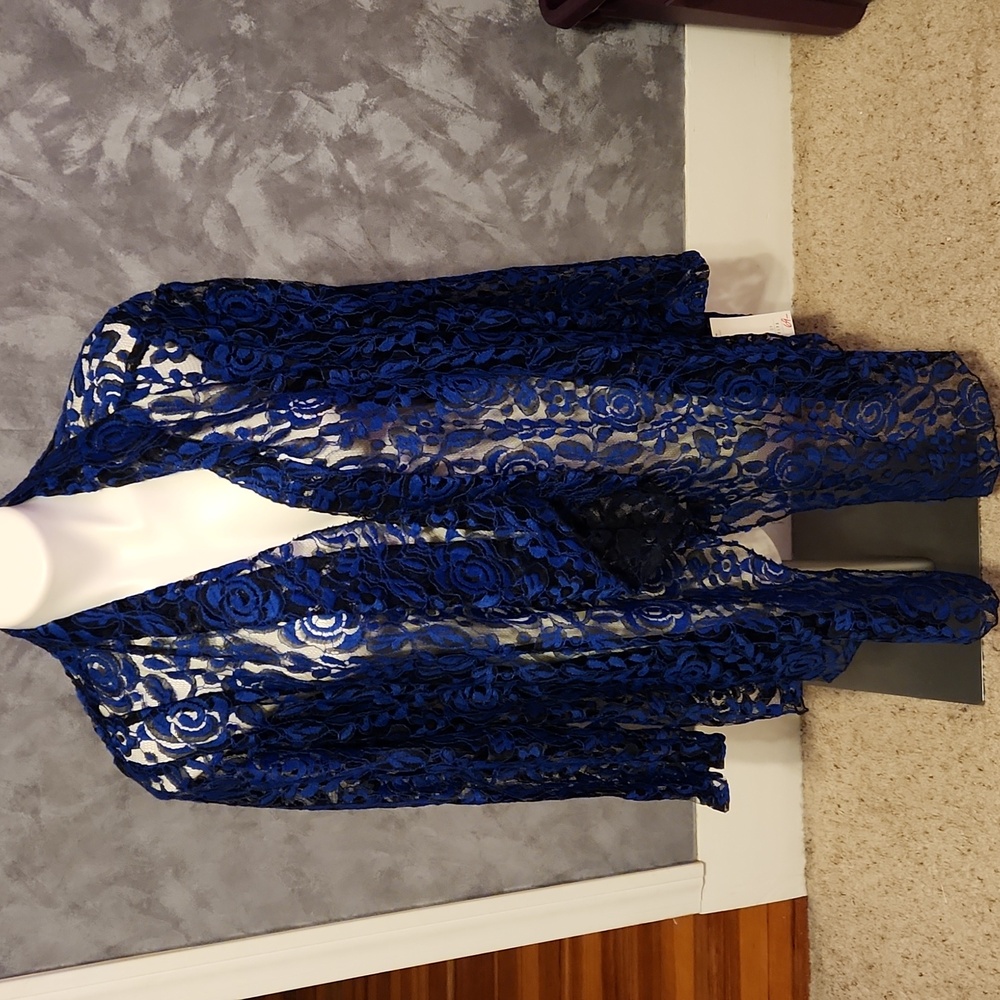 Sole Dione Studio Blue Flower Design Sheer Lace Look Overshirt Sz 3X